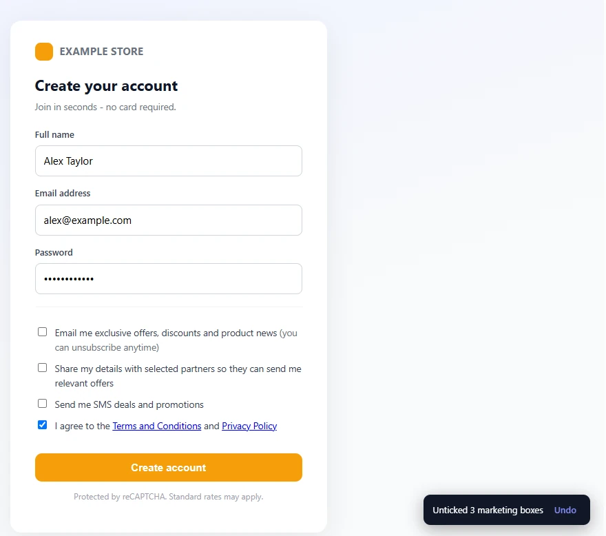 Marketing Box Guard unticking pre-checked marketing boxes on a signup form while leaving the Terms and Conditions box ticked