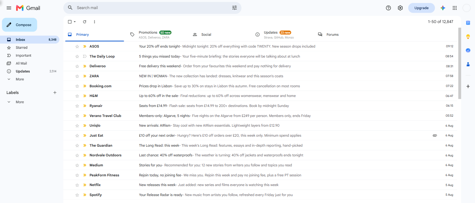 A Gmail inbox with 8,348 unread. The first screen is entirely newsletters: ASOS, The Daily Loop, Deliveroo, ZARA, Booking.com and more.