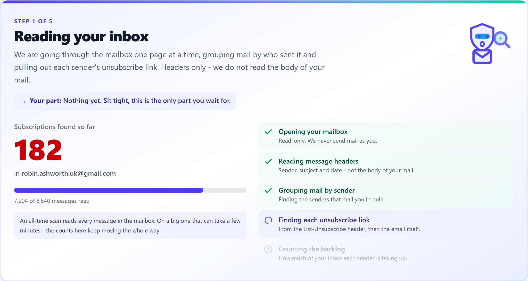 Step 1 of the guided scan reading Robin's inbox: 182 subscriptions found so far, 7,204 of 8,640 messages read, with each phase of the scan ticked off as it happens.